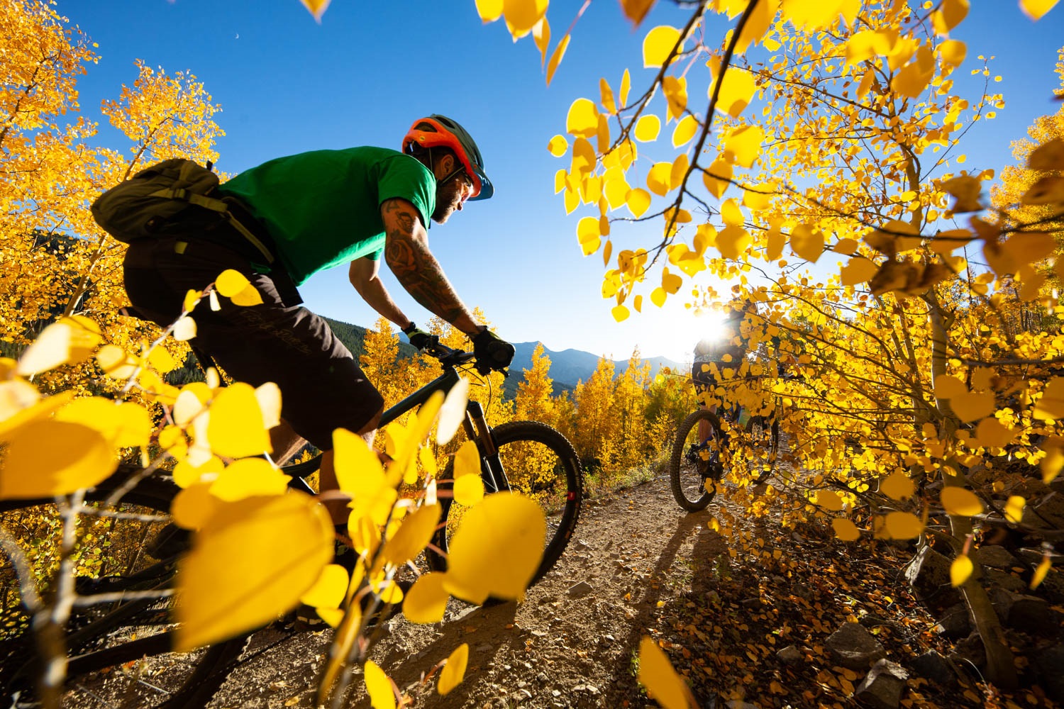 Man mountain biking through yellow aspens in the fall at Breckenridge