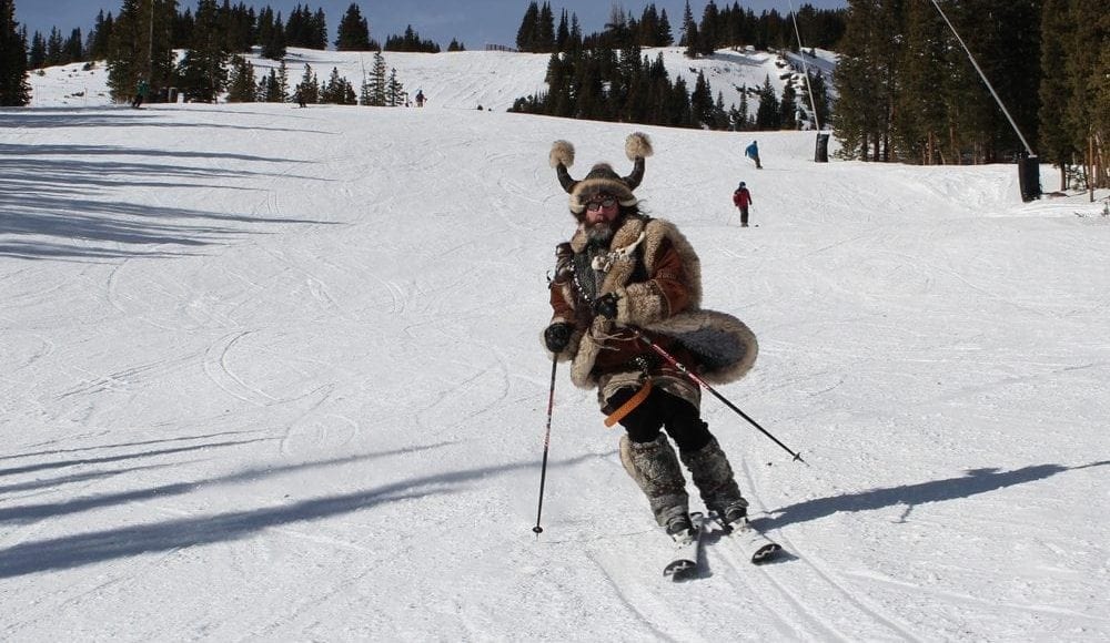Breckenridge skier wearing a horned Viking hat