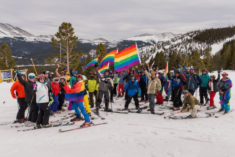 Breck Pride Group with Flags on Ski Slopes in Breckenridge