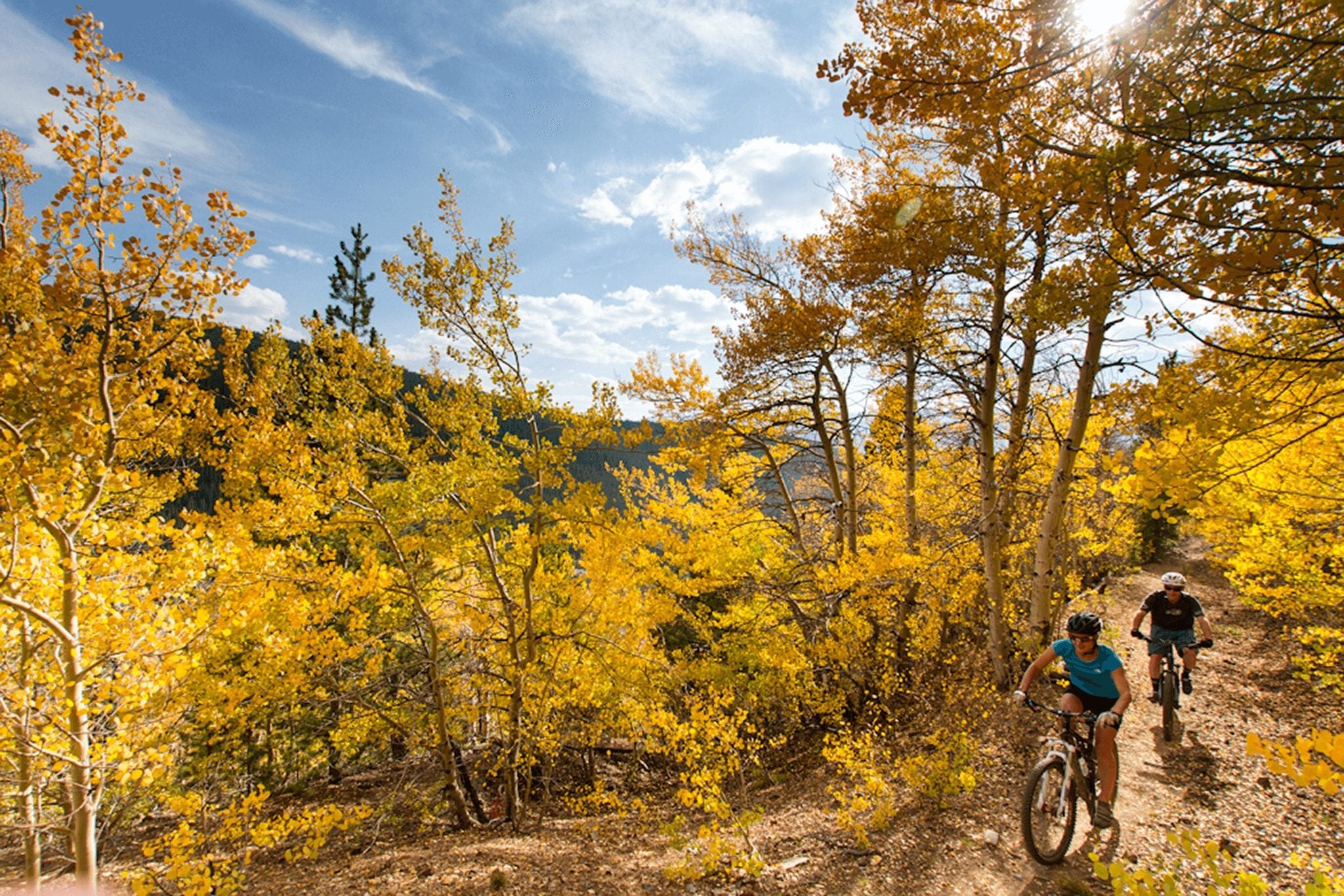 Mountain bikers amidst fall leaves in Breckenridge.