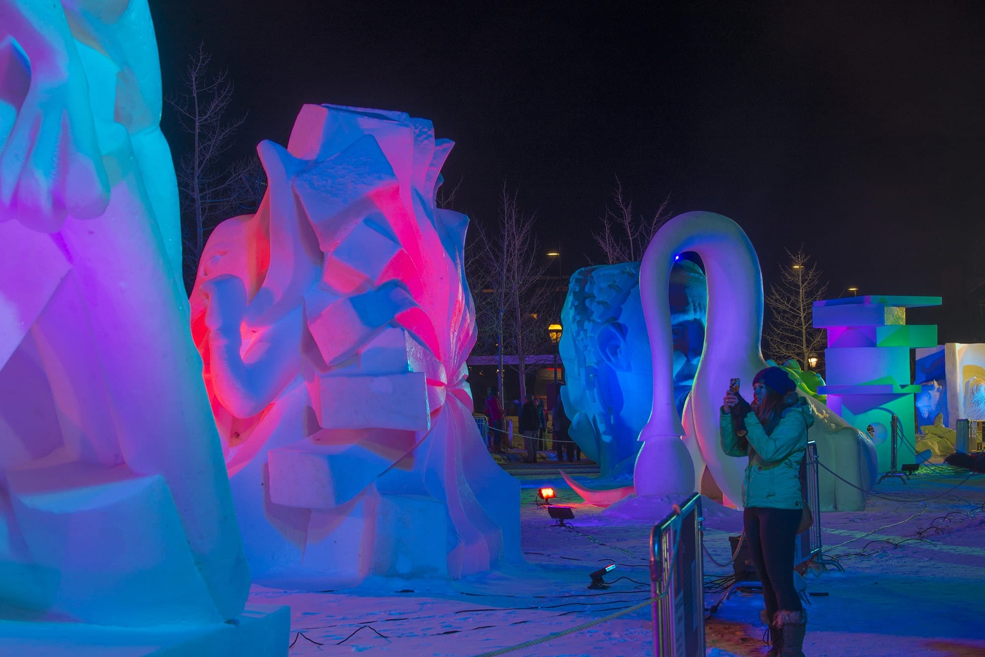 The International Snow Sculptures transformed under the lights at night