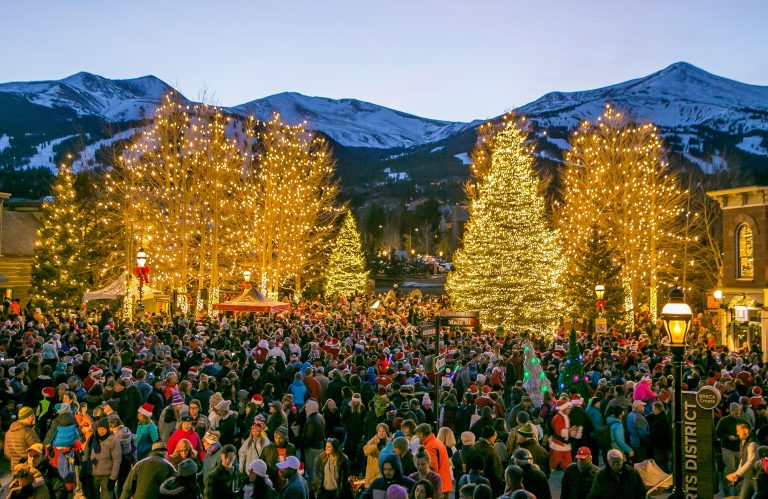 Lit up trees during the Lighting of Breckenridge