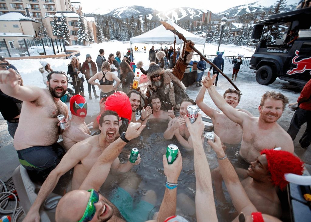 A group in a hot tub during the Breckenridge Ullr Fest ice plunge