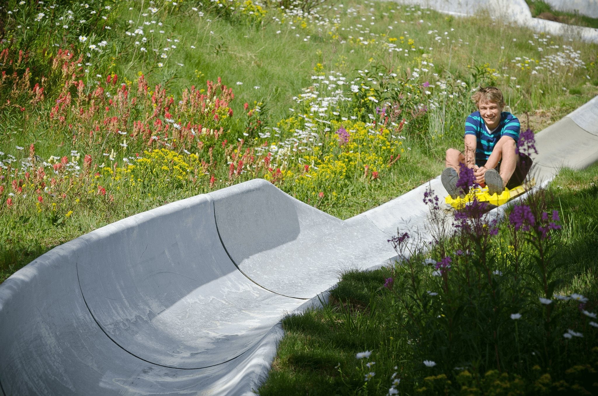 A kid riding down the alpine slide for Epic Discovery in Breckenridge
