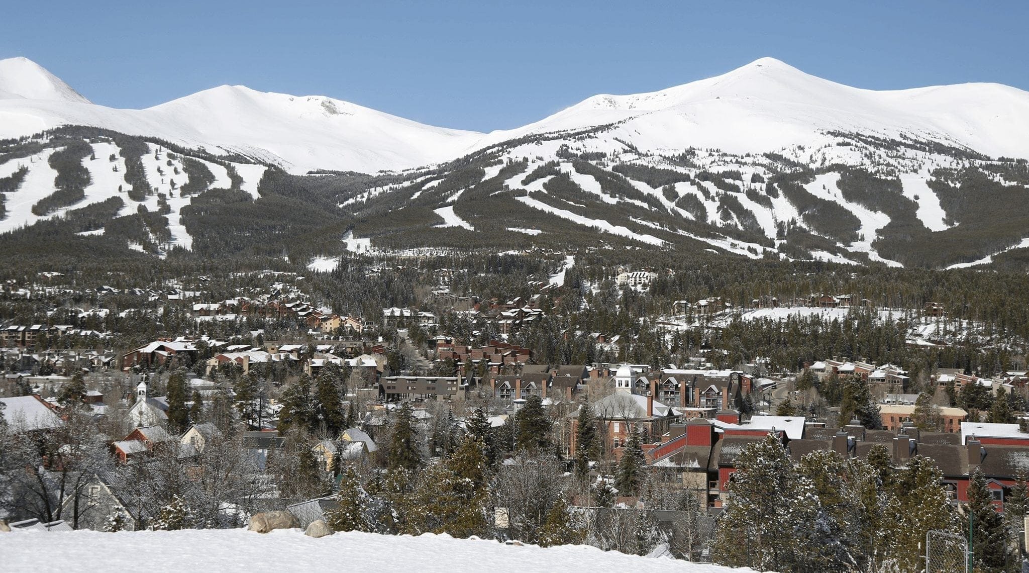 A winter day view of downtown and the mountains in Breckenridge, Colorado