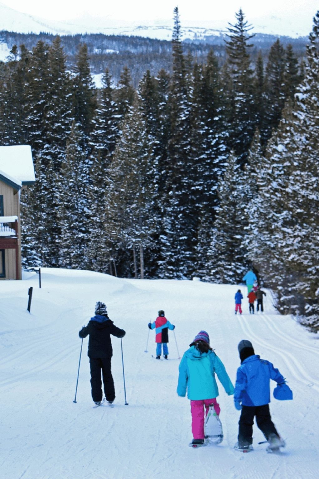 A Family in Breckenridge cross country skiing and snowshoeing
