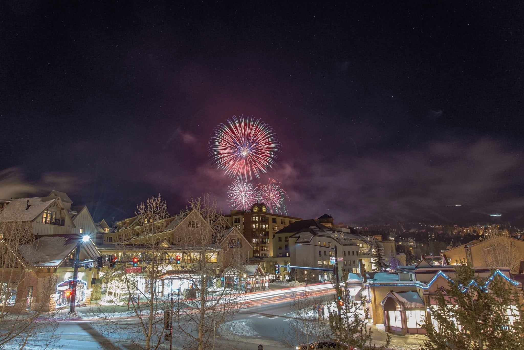 Breckenridge New Year's Eve fireworks in the sky above downtown Breckenridge