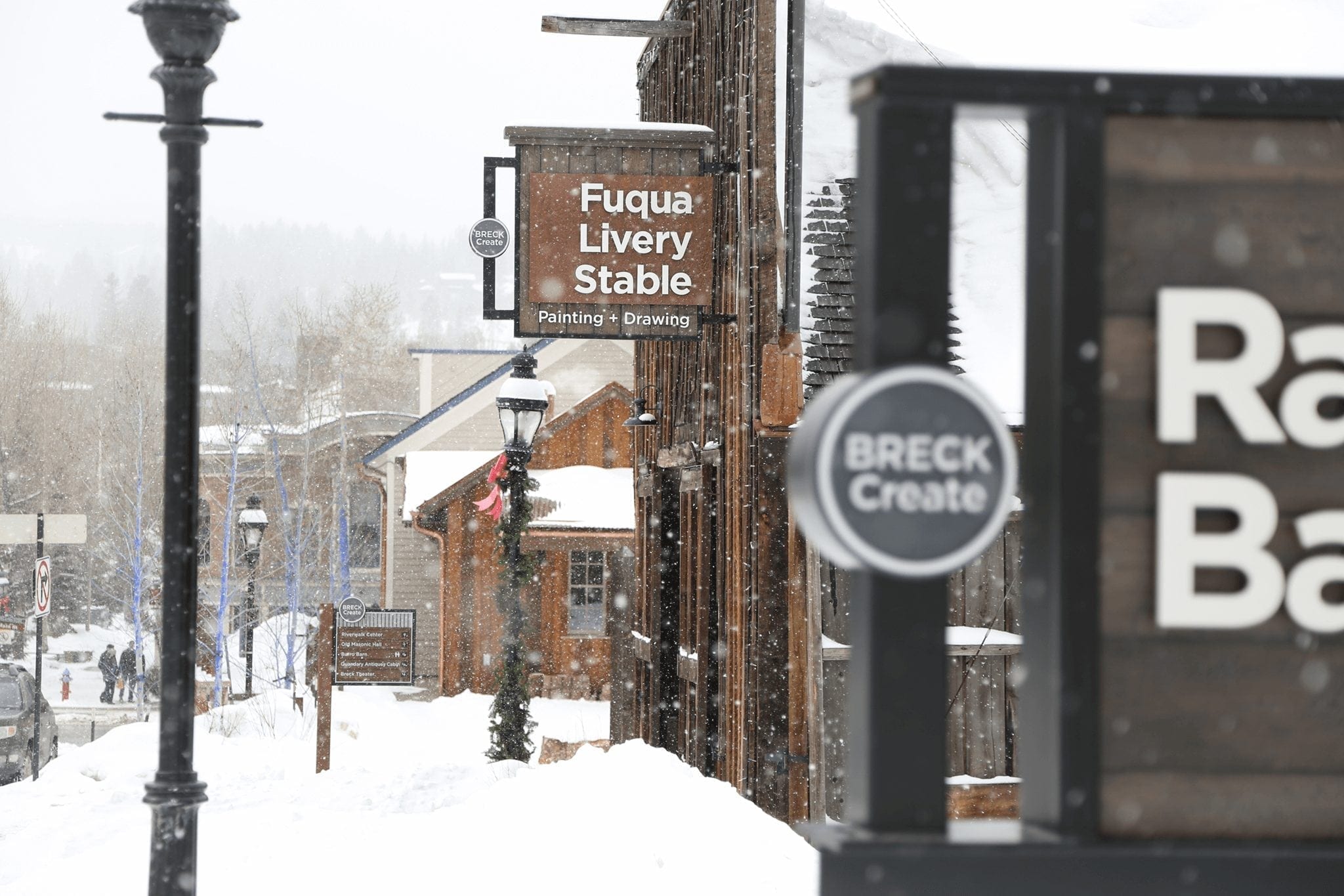Fuqua Livery Stable in Downtown Breckenridge with Snow Falling