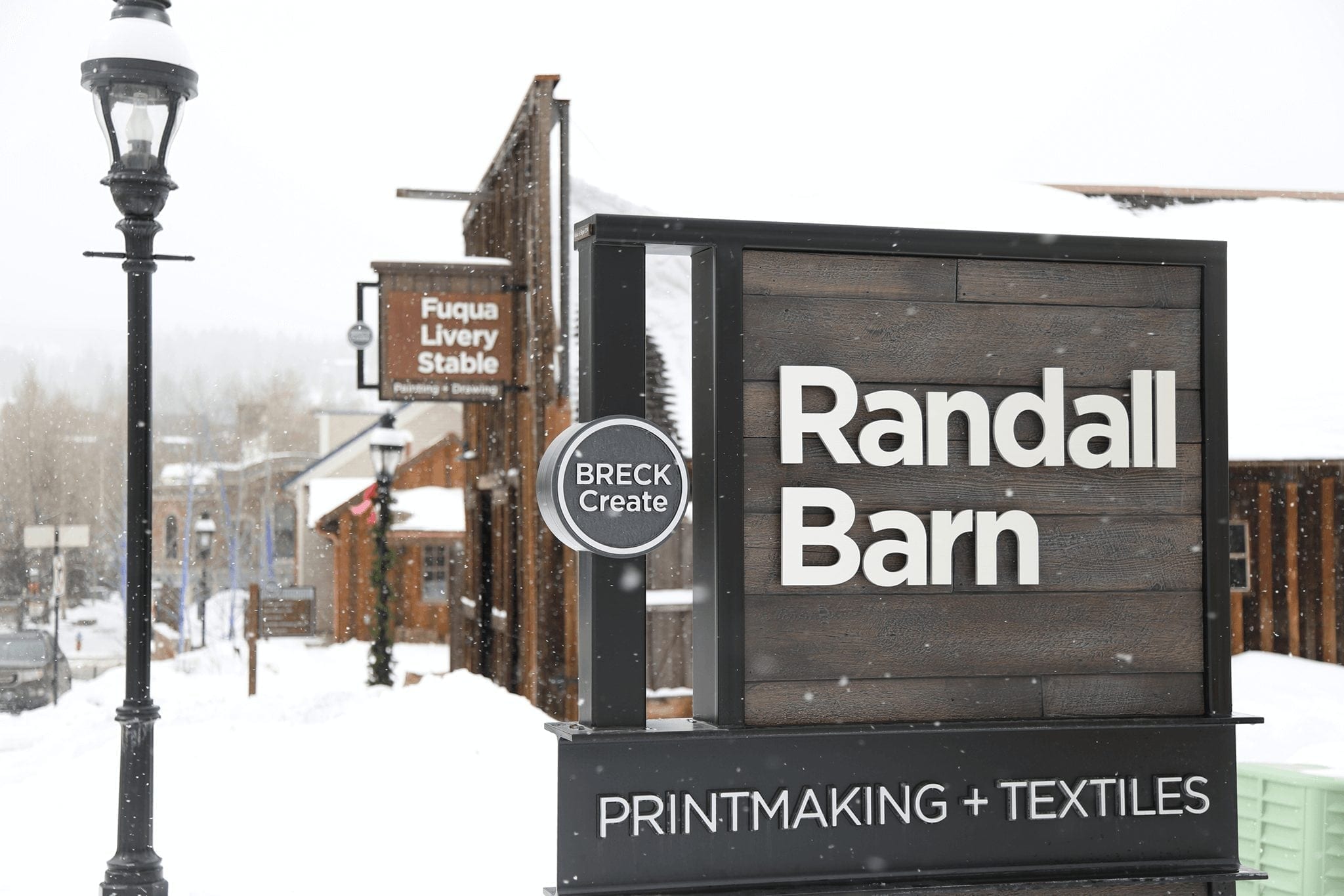 Randall Barn Printmaking and Textiles sign. The Arts District on a snowy day.