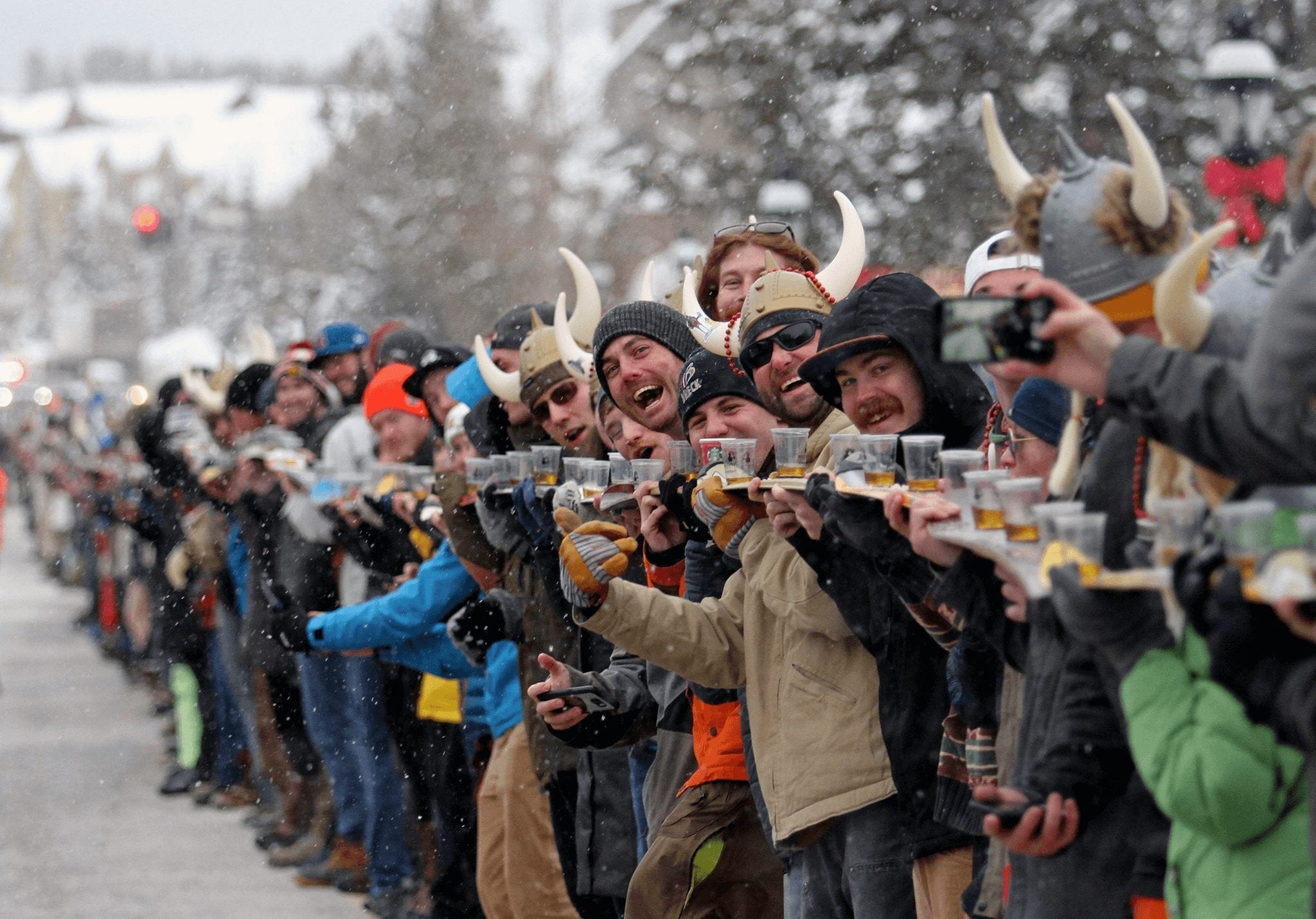 Viking-like crowd at the Breckenridge Distillery World's Longest Shot Ski