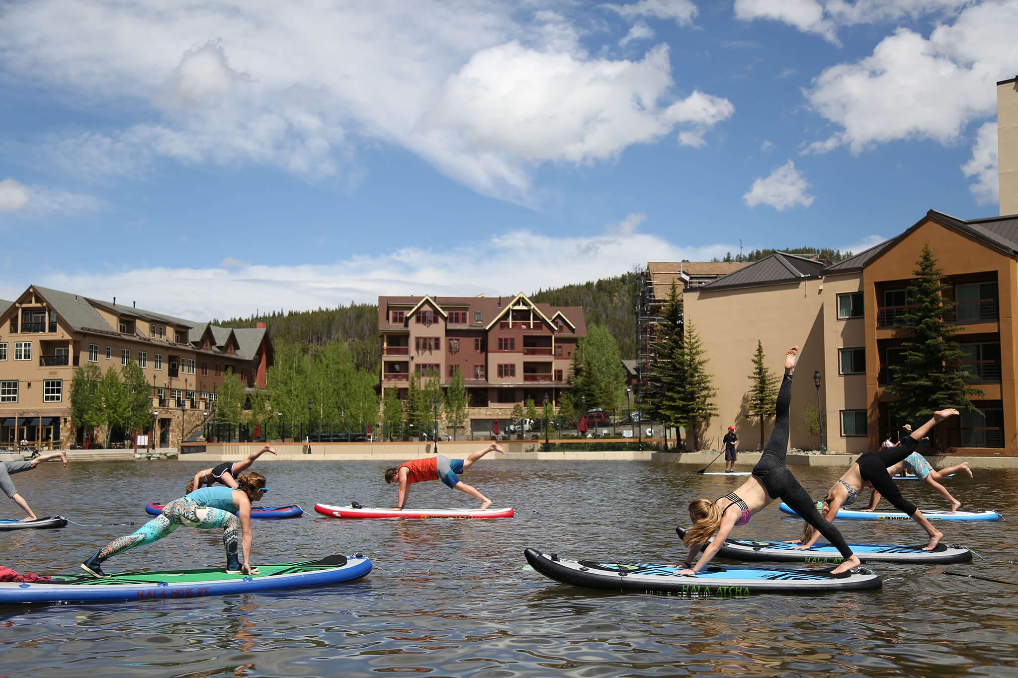 Paddleboard yoga group on Maggie Pond in Breckenridge.