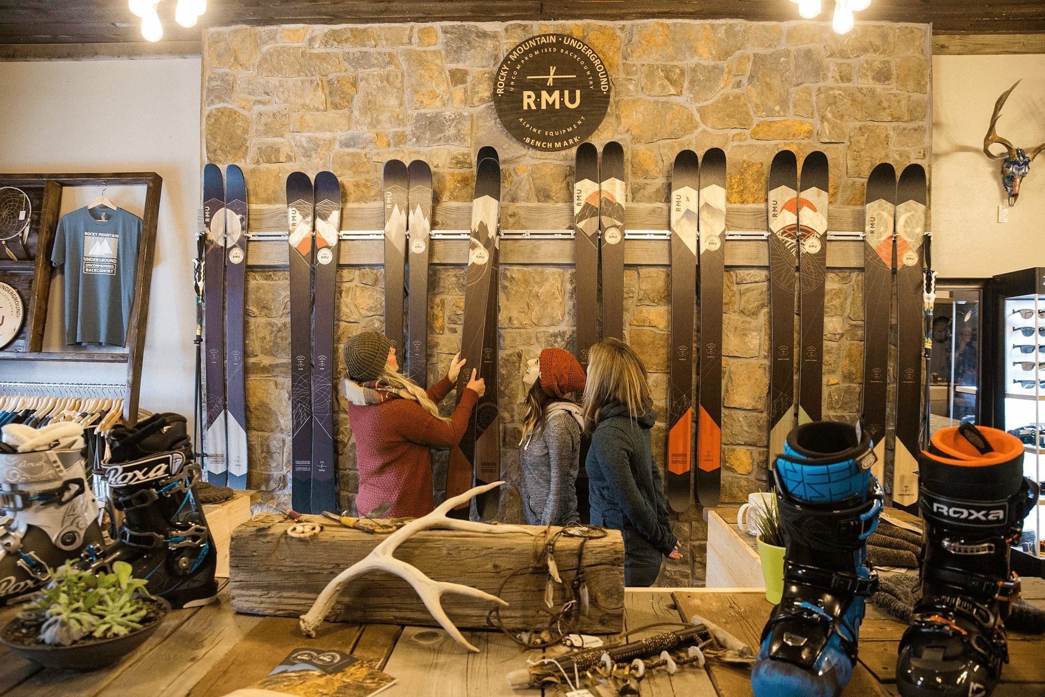 Skis stacked up at Rocky Mountain Underground in Breckenridge 