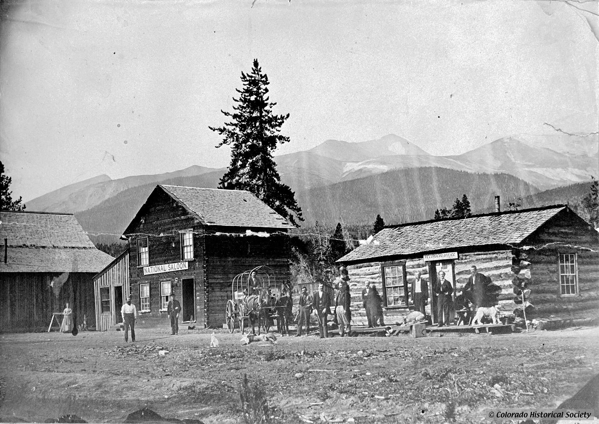 Black and white photo of Breckenridge's Main Street in the 1800's.