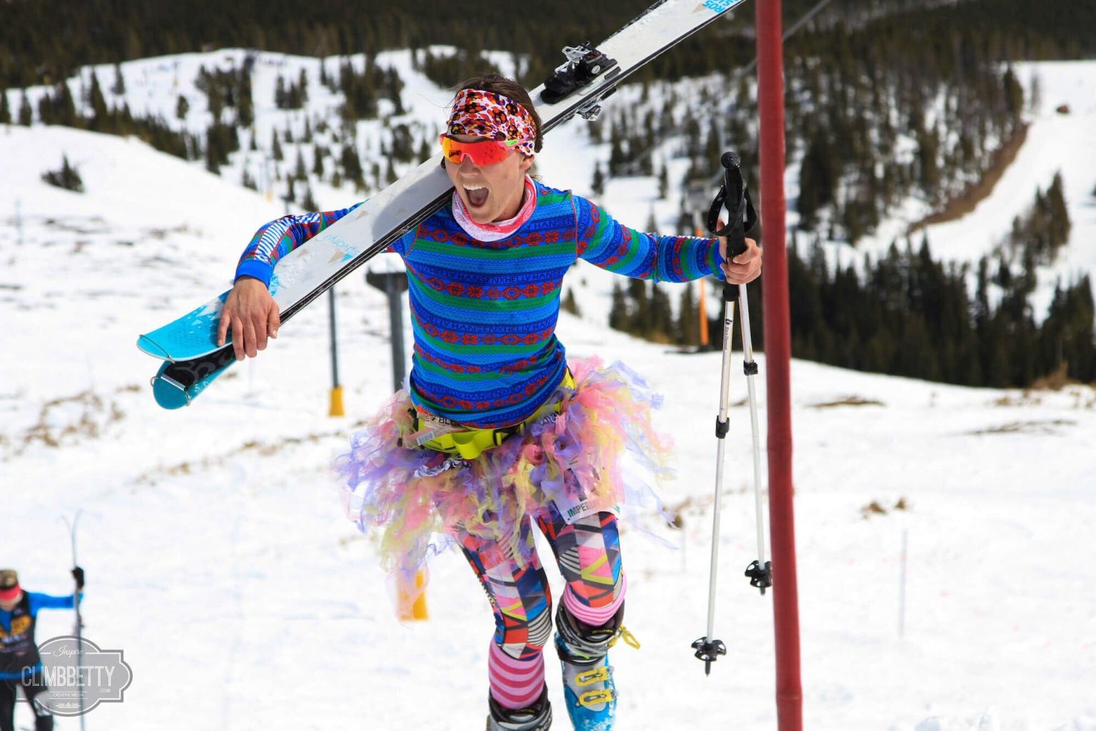 Skier wearing a tutu and crazy tights