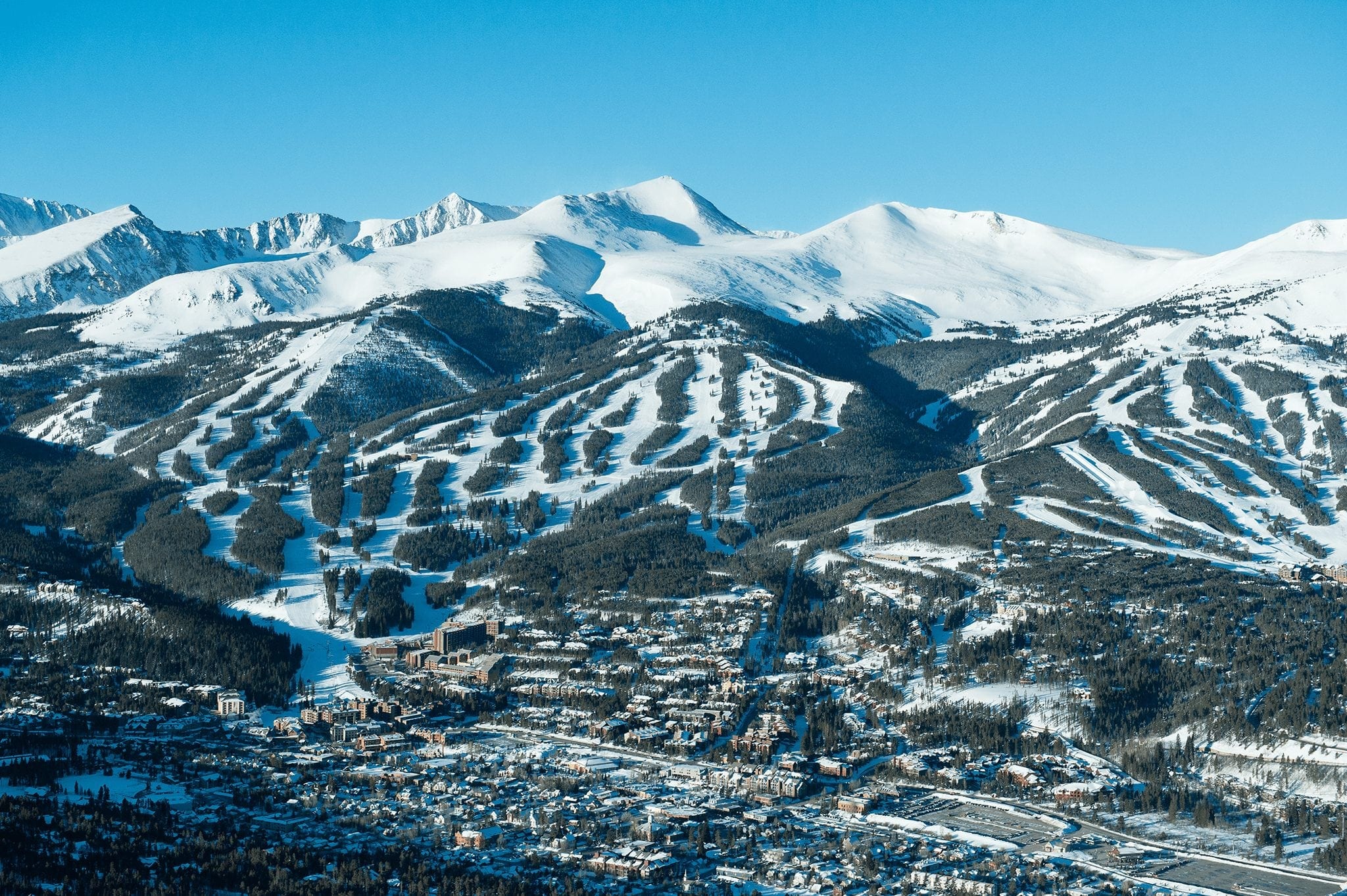 Aerial shot of Breckenridge covered in snow in the winter