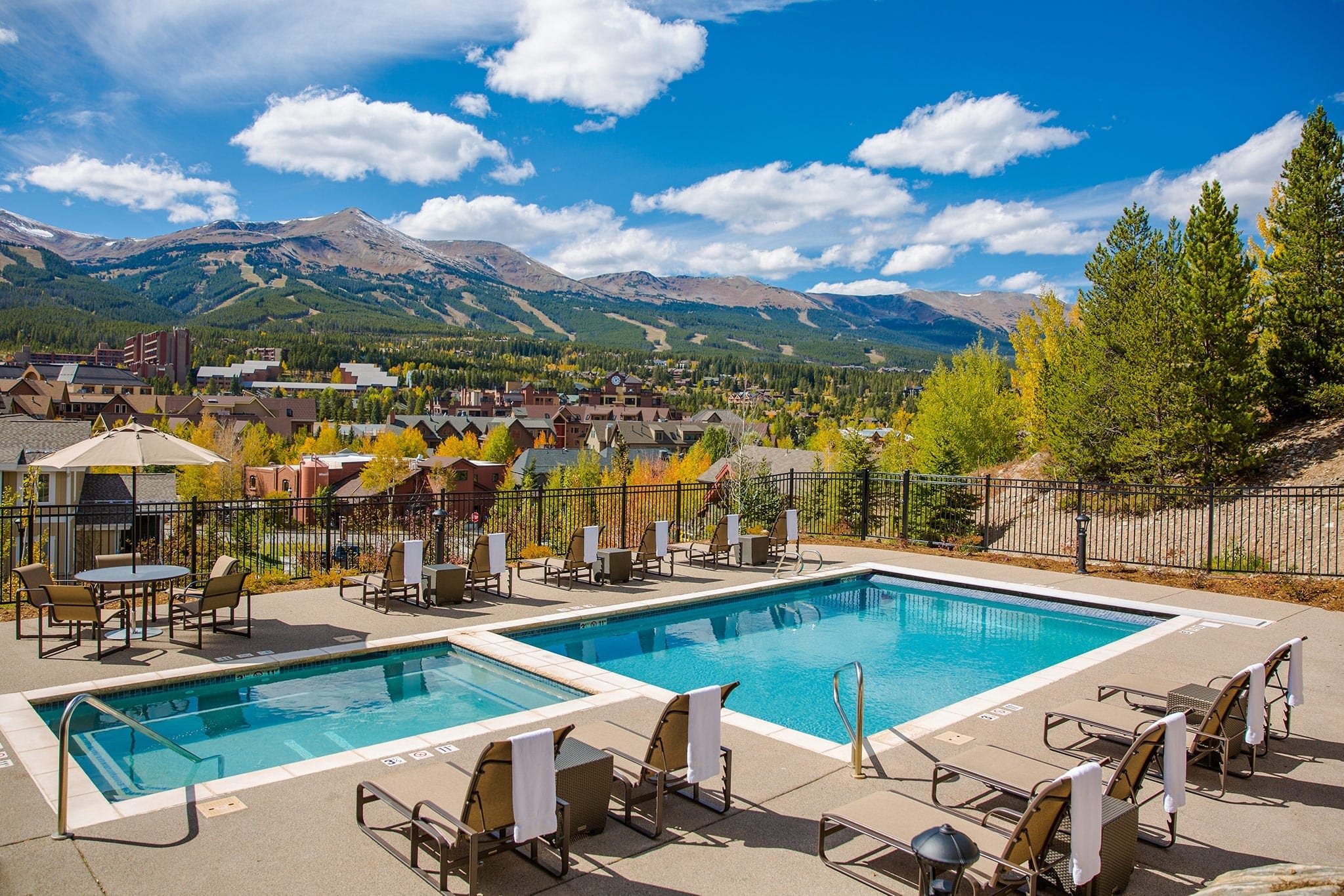 The Residence Inn pool area with one of the best views of any pool in Breckenridge.