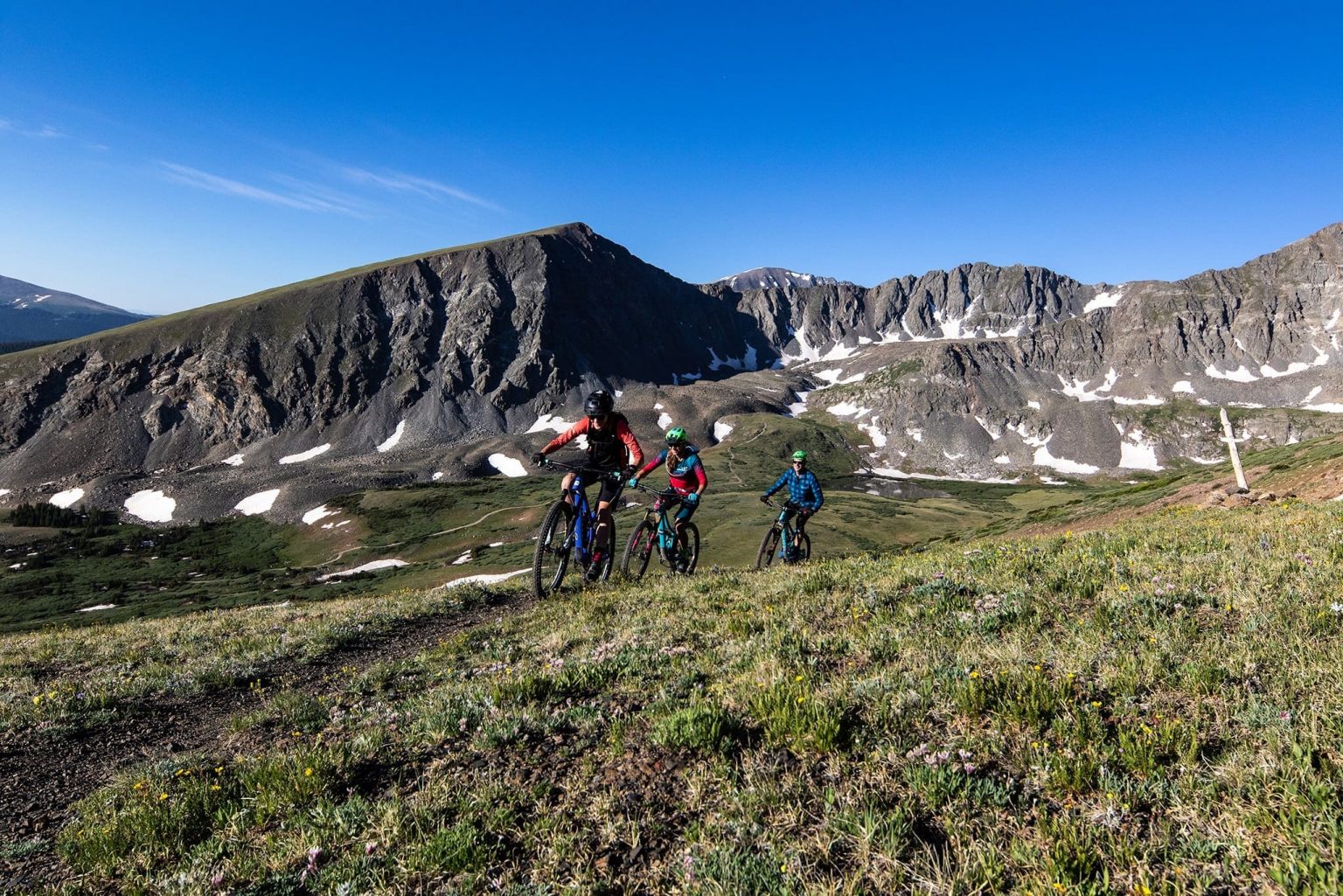 3 people mountain biking on the Wheeler Trail in the summer.