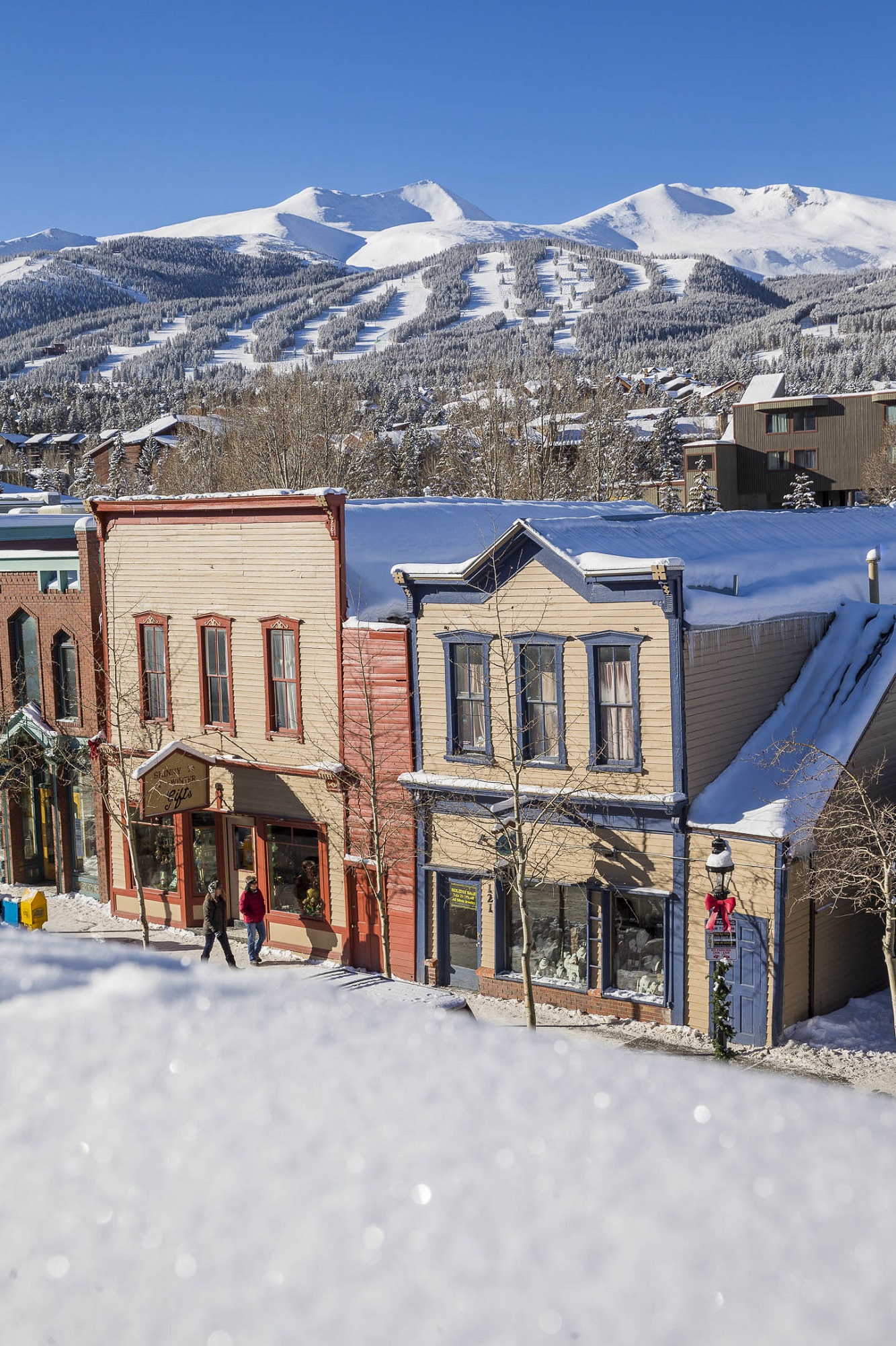An outdoor shot of downtown Breckenridge on a sunny day in winter