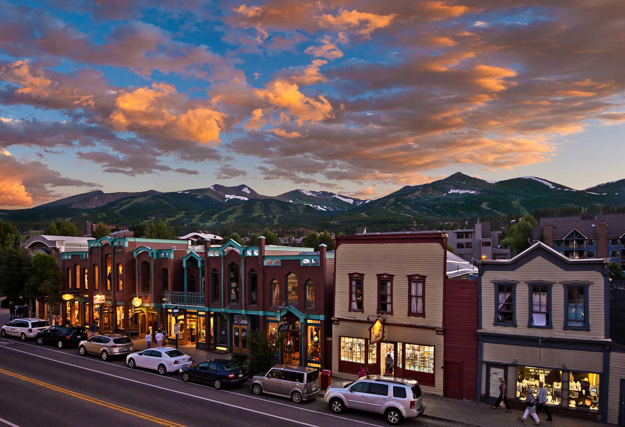 Summer view of downtown Breckenridge and mountains