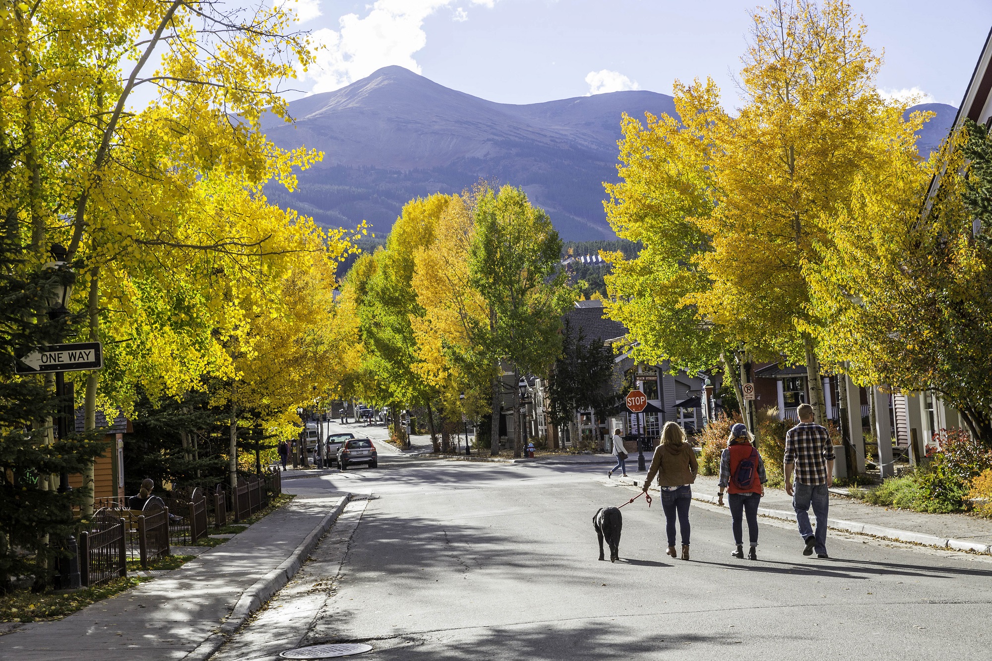 Family walking a dog during the Fall on Breckenridge Main Street 