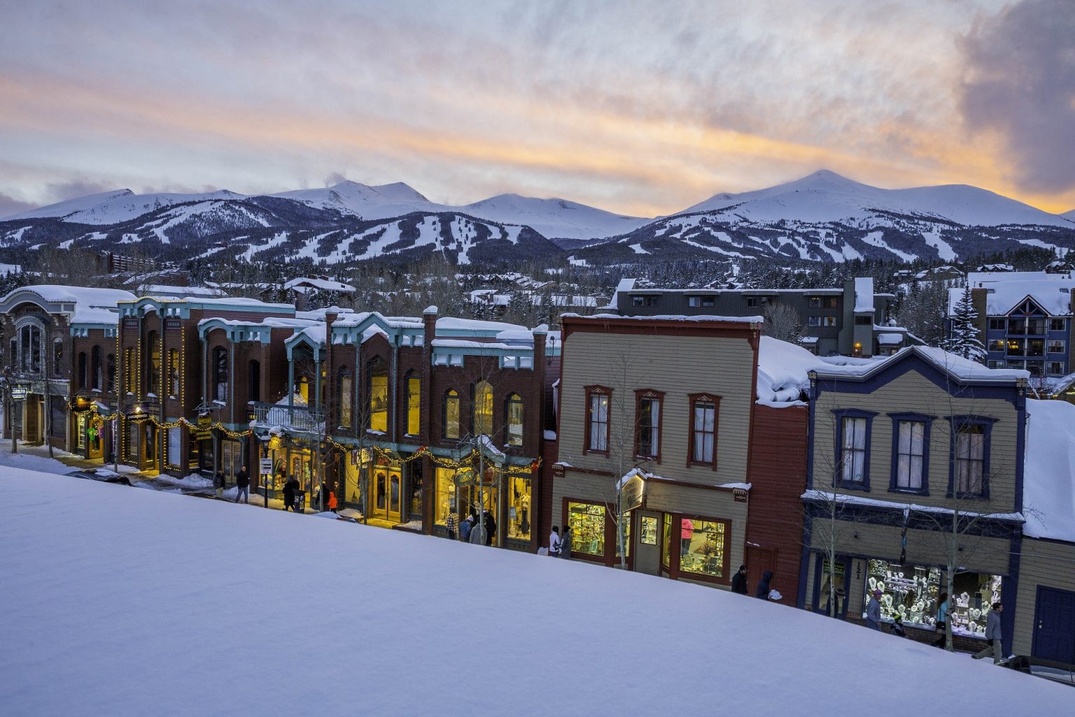 Downtown Breckenridge during the winter in the evening