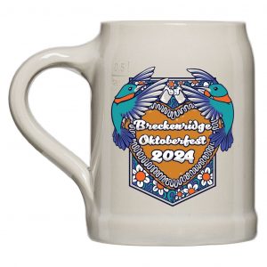 The 2024 Oktoberfest Stein features two hummingbirds facing one another to create a heart with their wings. The design is mostly blues, teals, and oranges, and features daisys on a crest behind the words "Breckenridge Oktoberfest 2024."